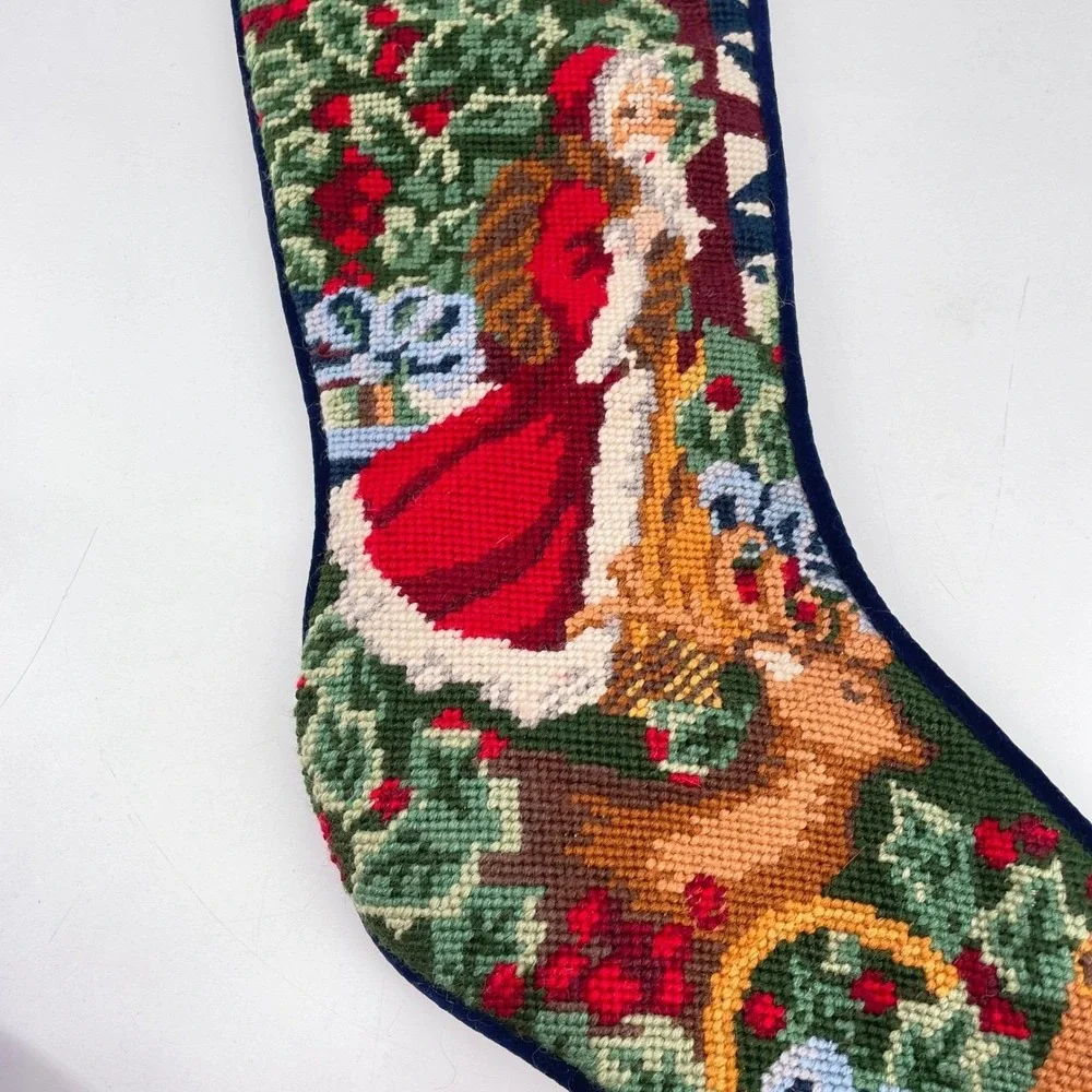 Vintage Needlepoint Christmas Stocking Santa Claus Reindeer Navy Velvet 19 inch